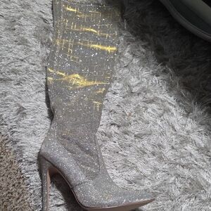 Shoe Dazzle Silver Glitter Heeled Boots